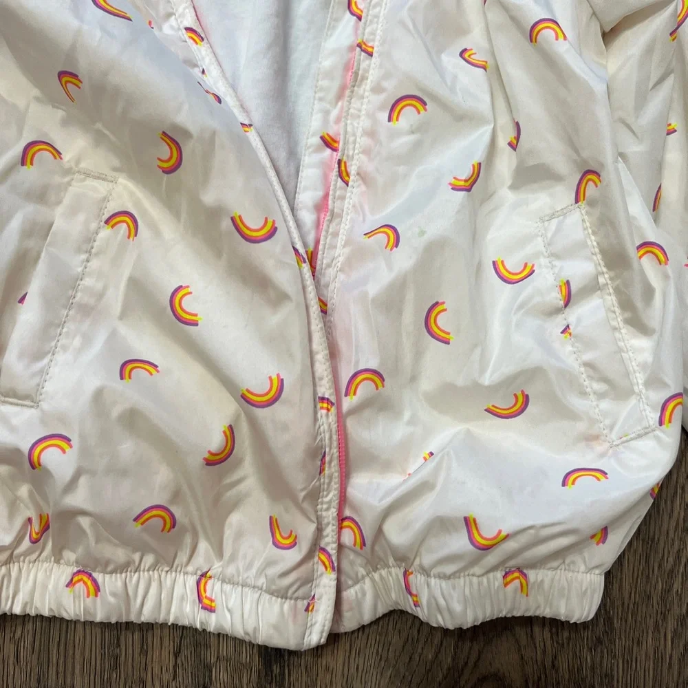 GAP Baby White Hooded Rain Jacket with Pink-Trim Rainbow Print